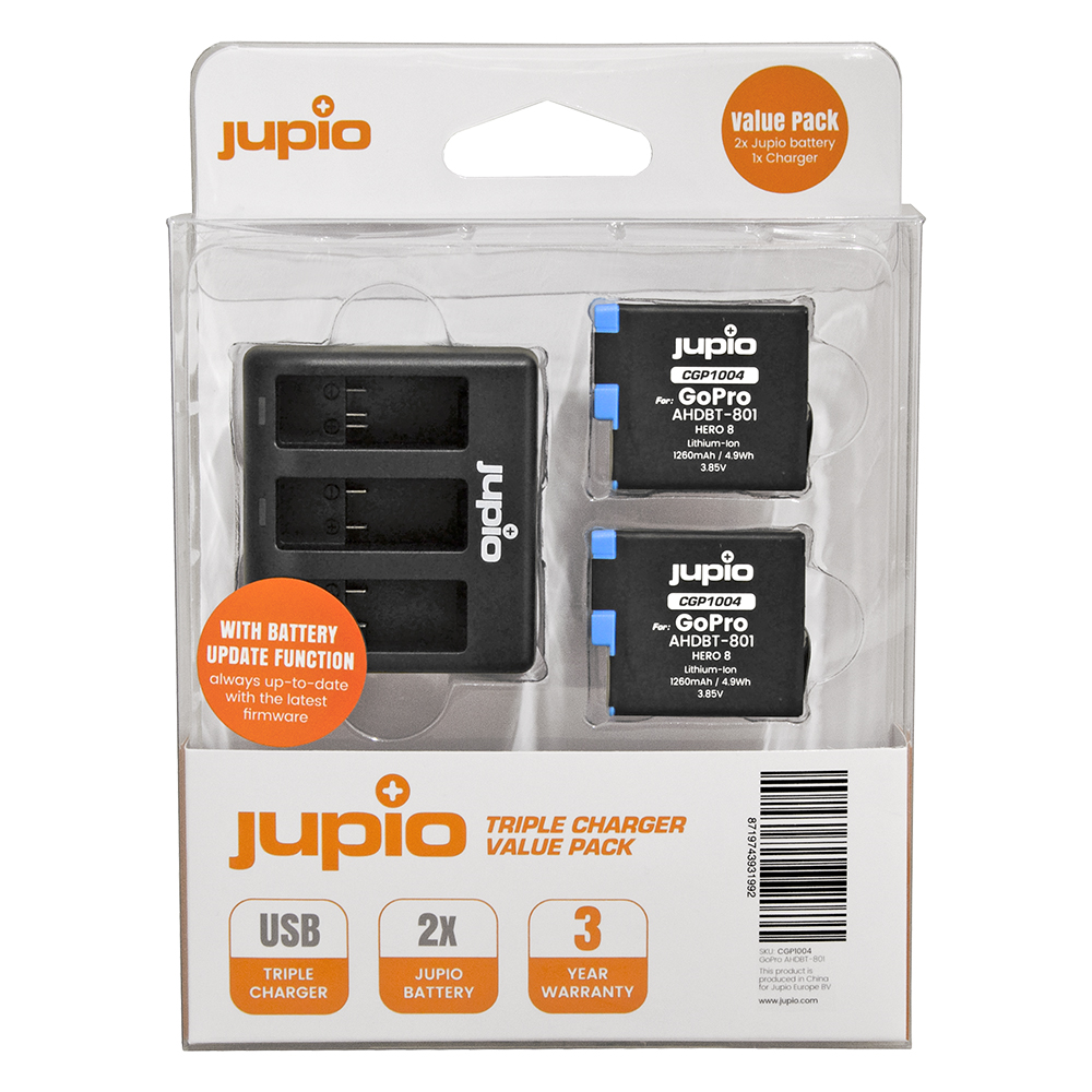 2 x Jupio GoPro Hero 8 AHDBT-801 Batteries & Triple Charger Kit main image
