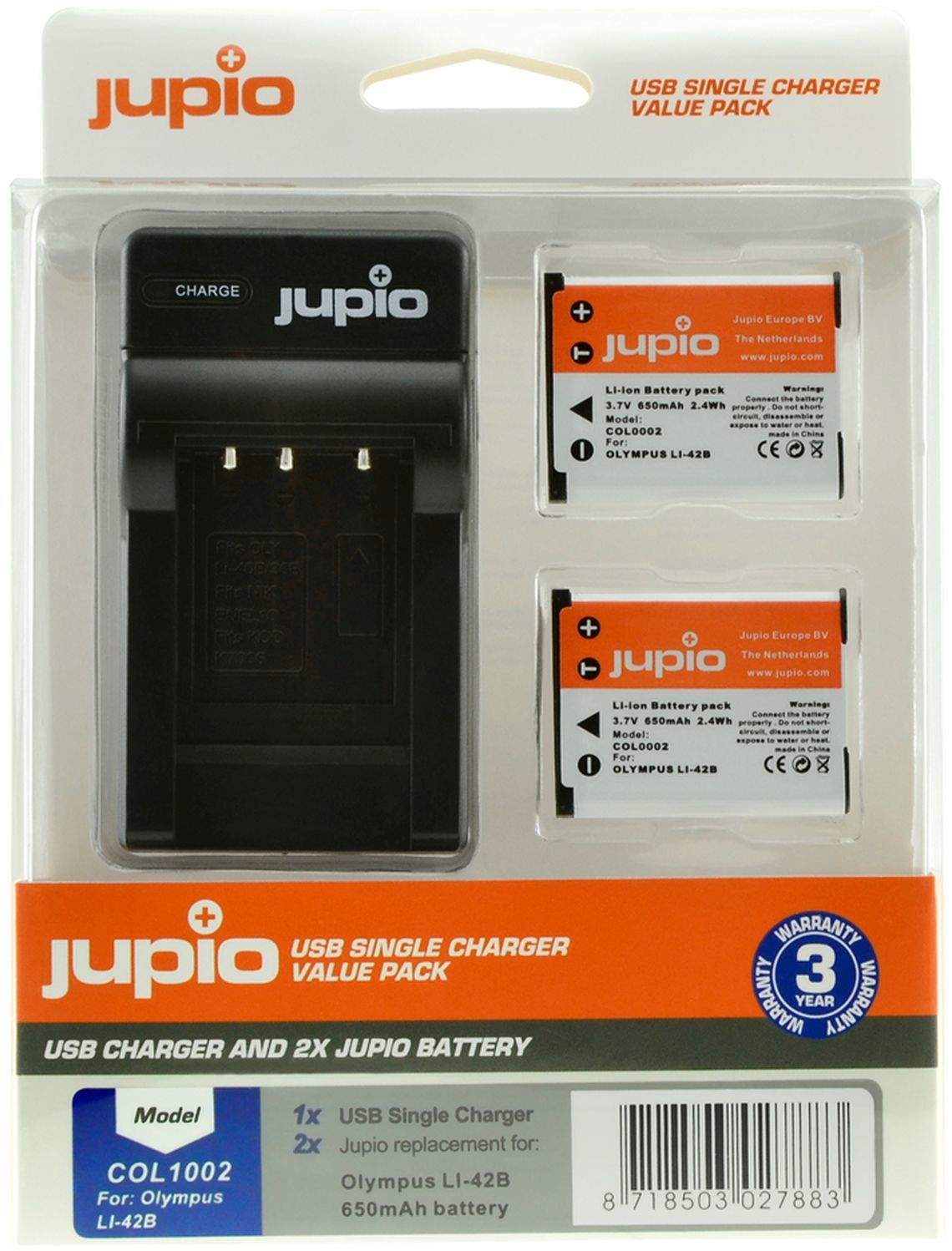 2 x Jupio Olympus Li-40B/Li-42B/NP45/D-Li63/EN-EL10 Batteries & Single Charger Kit main image