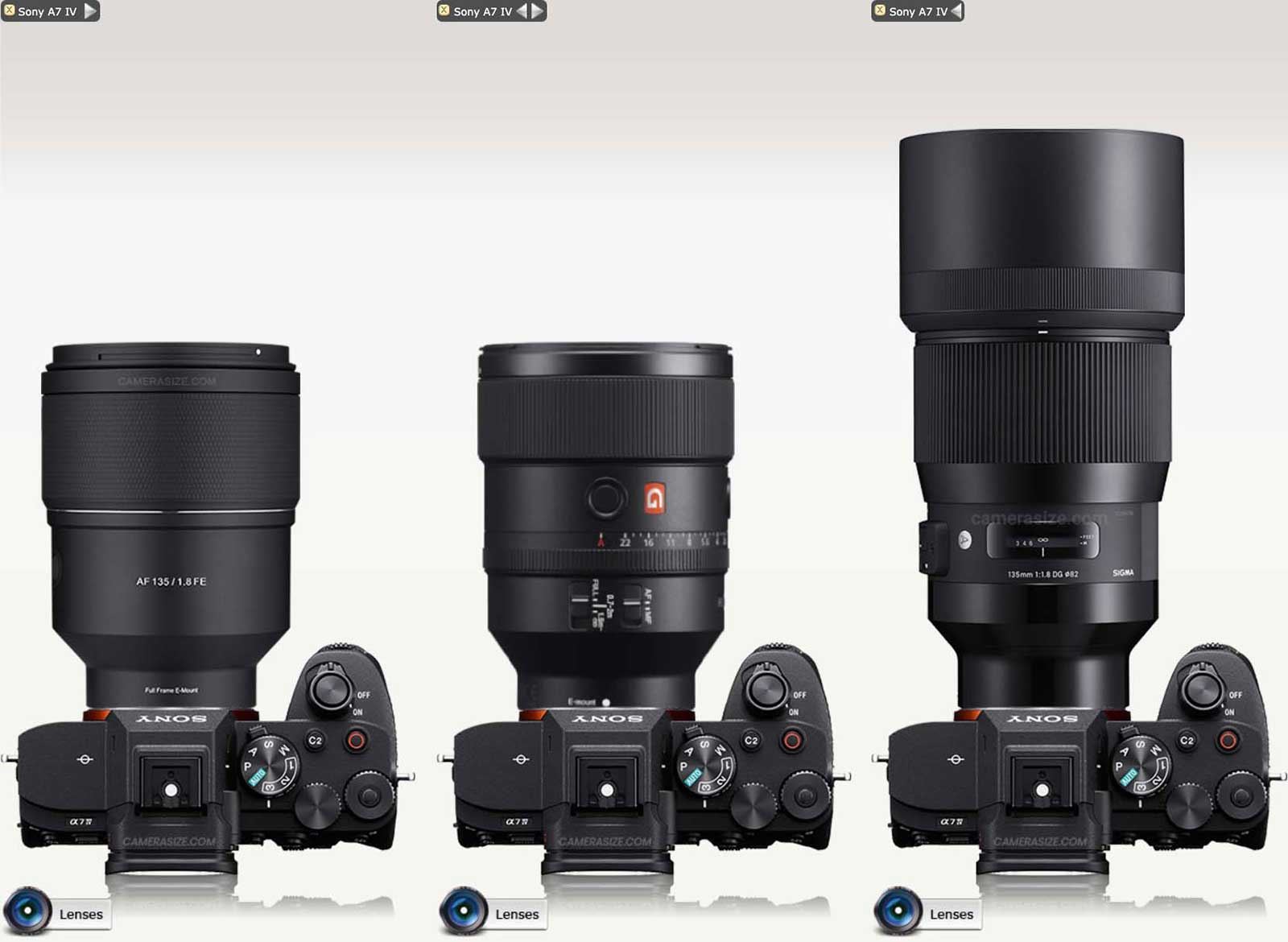 Size comparison taken from Camerasize.com comparing the new Samyang, Sony G-Master and the Sigma ART 135mm lenses (notice that the Sigma has the lens hood attached in this comparison whereas the other two lenses are pictured without.