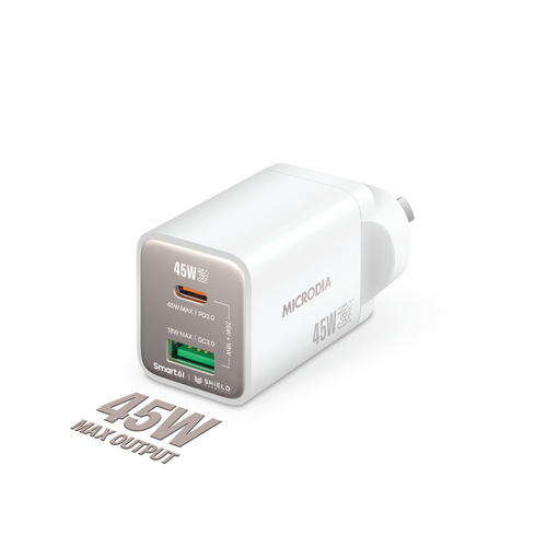 MICRODIA SMARTCube Nano 45W Dual Port GaN Wall Charger - White
