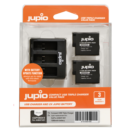 2 x Jupio GoPro Hero 5/6/7 AHDBT-501 Batteries & Triple Charger Kit